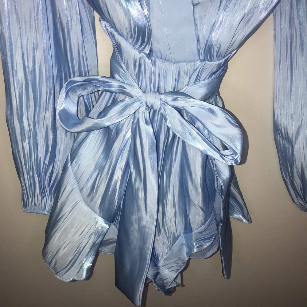 Shein Solid Ruffle Hem Satin Belted Romper - Picture 4 of 9